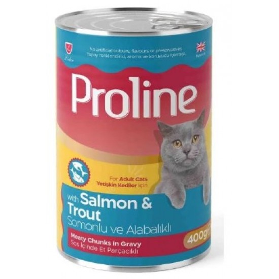 Proline Sos İçinde Parça Somonlu ve Alabalıklı Yetişkin Kedi Konservesi 400gr Proline Sos İçinde Parça Somonlu ve Alabalıklı Yetişkin Kedi Konservesi 400gr